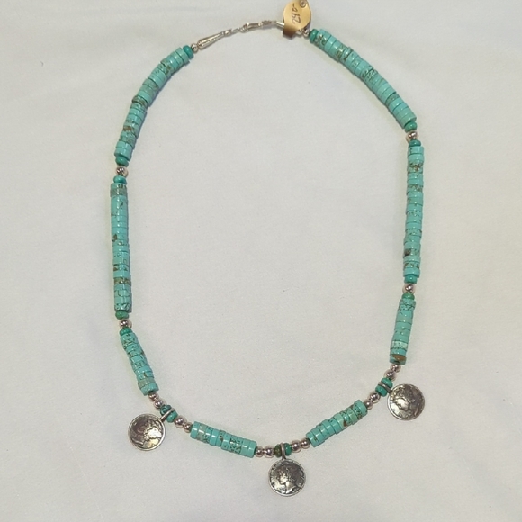 West Star Jewelry - Kingman Turquoise Beaded Necklace with Mercury Dimes And Silver Accents